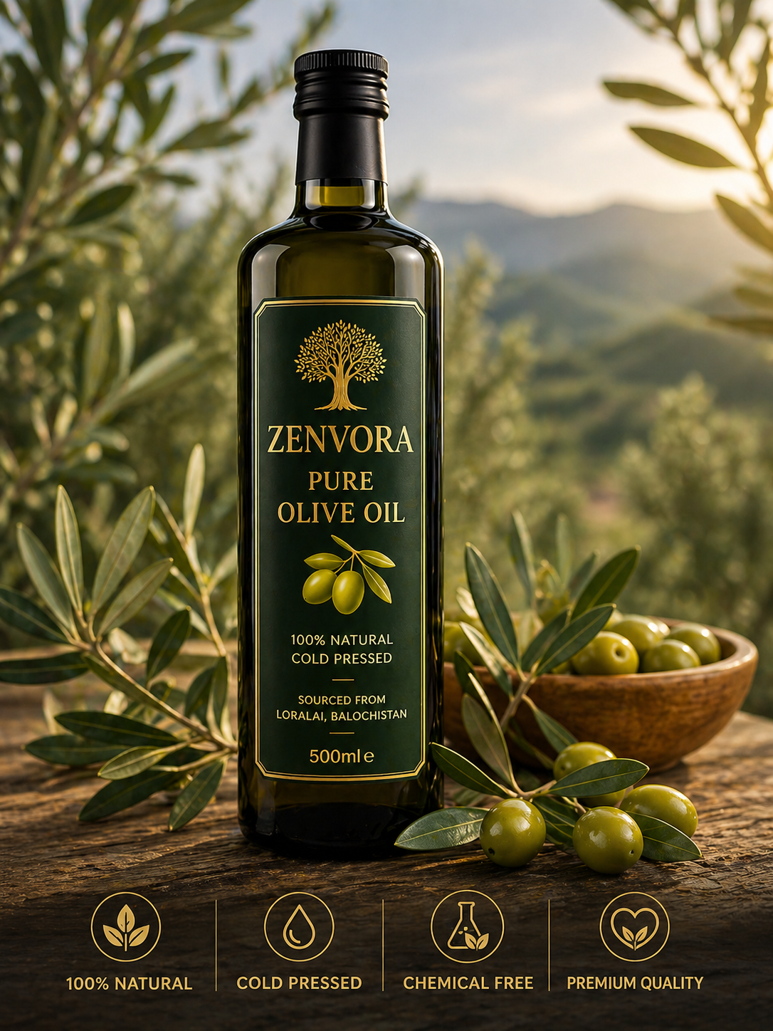 Zenvora Pure Olive Oil – 500ml (Cold Pressed, 100% Natural)