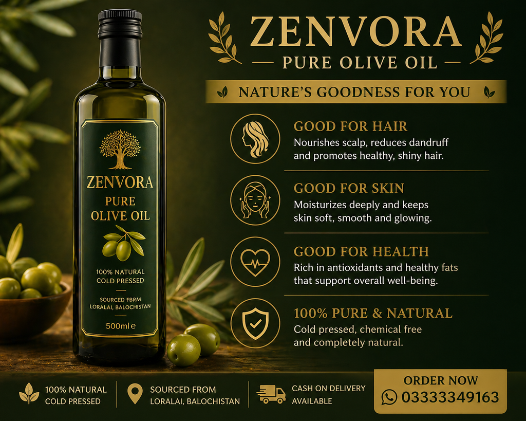 Zenvora Pure Olive Oil – 500ml (Cold Pressed, 100% Natural)