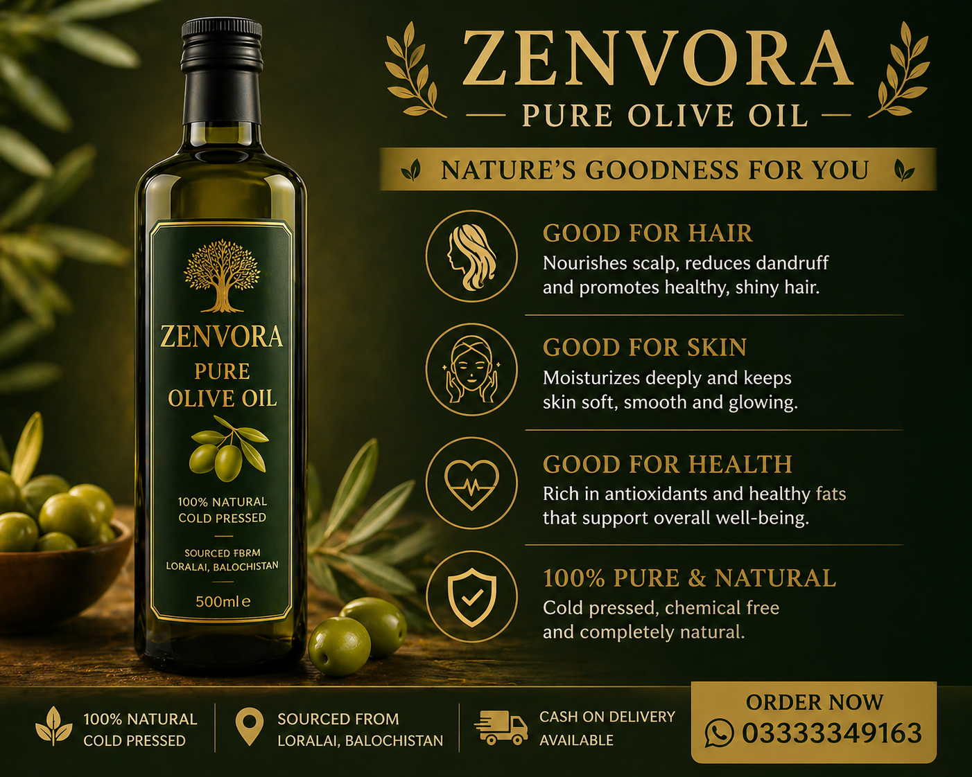 Zenvora Pure Olive Oil – 500ml (Cold Pressed, 100% Natural)